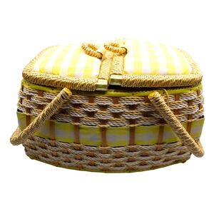 Vintage JCPenney Sewing Basket Woven Wicker Yellow Gingham Double Lid‎
